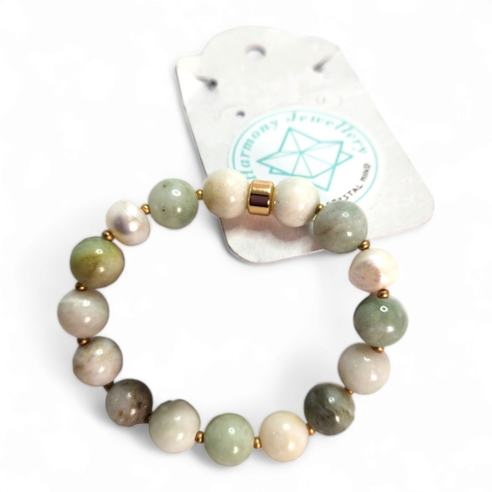 10 mm White Jade bracelet with gold-plated charms